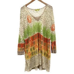 Sigrid Olsen Woman 2X Linen Blend Tropical Palm Citrus Knit Tunic Sweater V-Neck